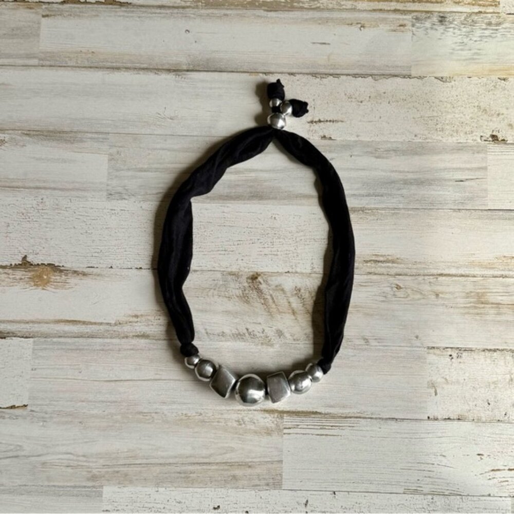 NWOT Black and Silver Fabric Necklace with Metal Accents